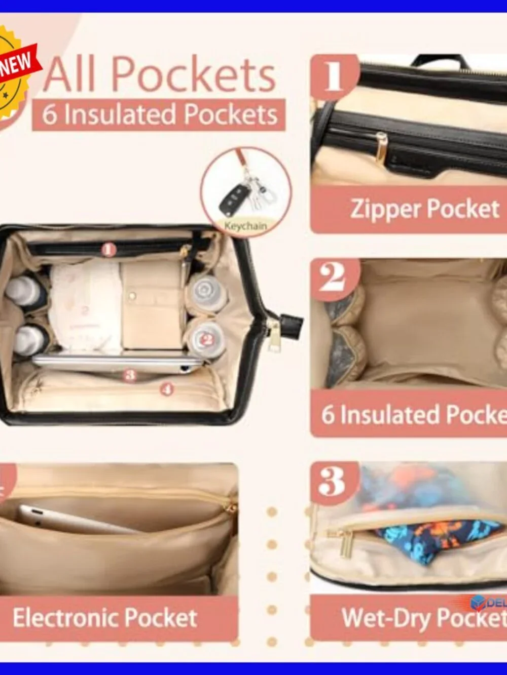 Large Leather Diaper Backpack with 18 Pockets, USB Port, Changing Pad